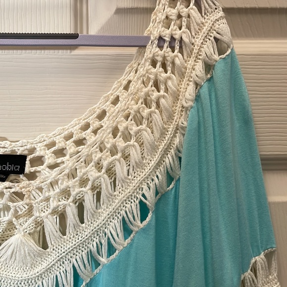 EUC Zenobia Stunning Turquoise & Cream Macrame 3/4 Sleeve Blouse, Sz 2x - Picture 3 of 7